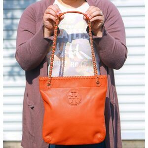 NWT Tory Burch MARION Leather Book Bag with Chain Orange $495+